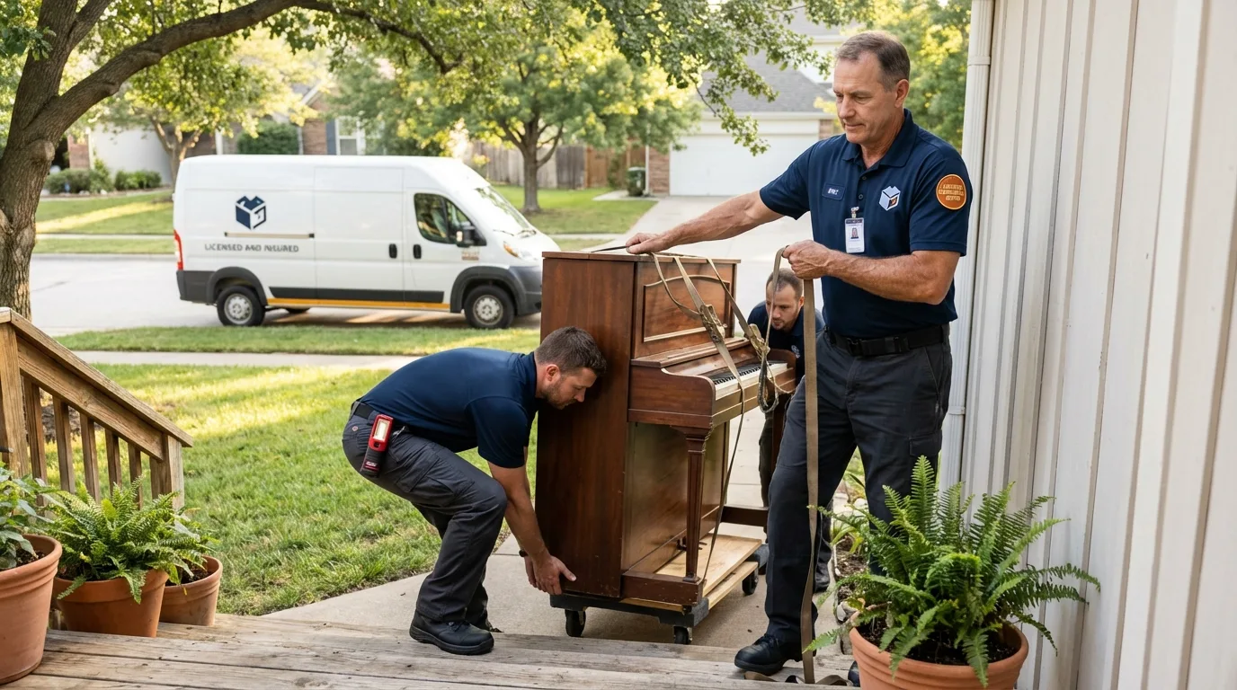 Licensed piano movers securing grand piano in Danville, PA