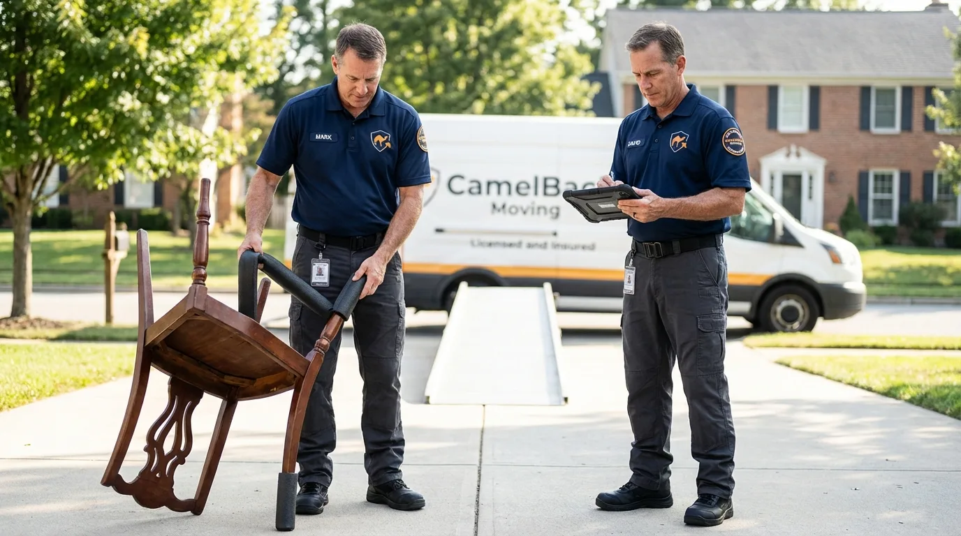 Movers inspecting furniture for damage prevention before loading in Danville, PA
